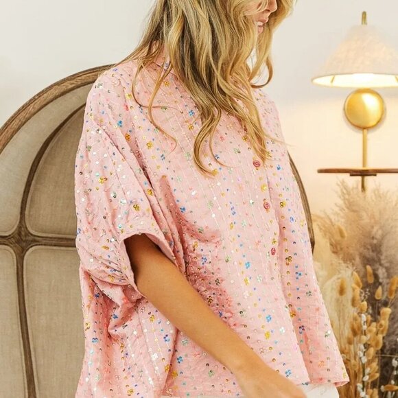 BiBi Sequin Striped Short Dolman Sleeve Blouse - Picture 12 of 14